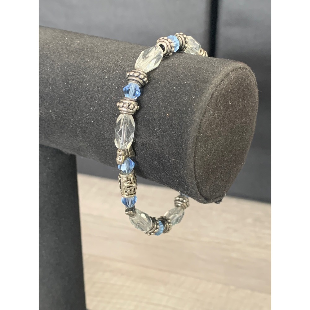 Vintage Style Silver Tone Blue Clear Crystal Beaded Toggle Clasp Bracelet 7.25in